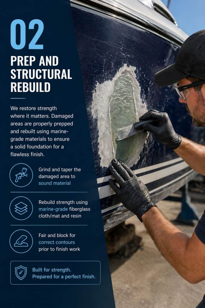 Expert fiberglass repair on boat gel coat with marine-grade materials.