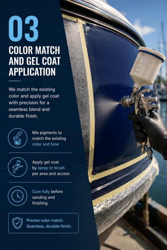 High-quality gel coat application for fiberglass boat restoration.