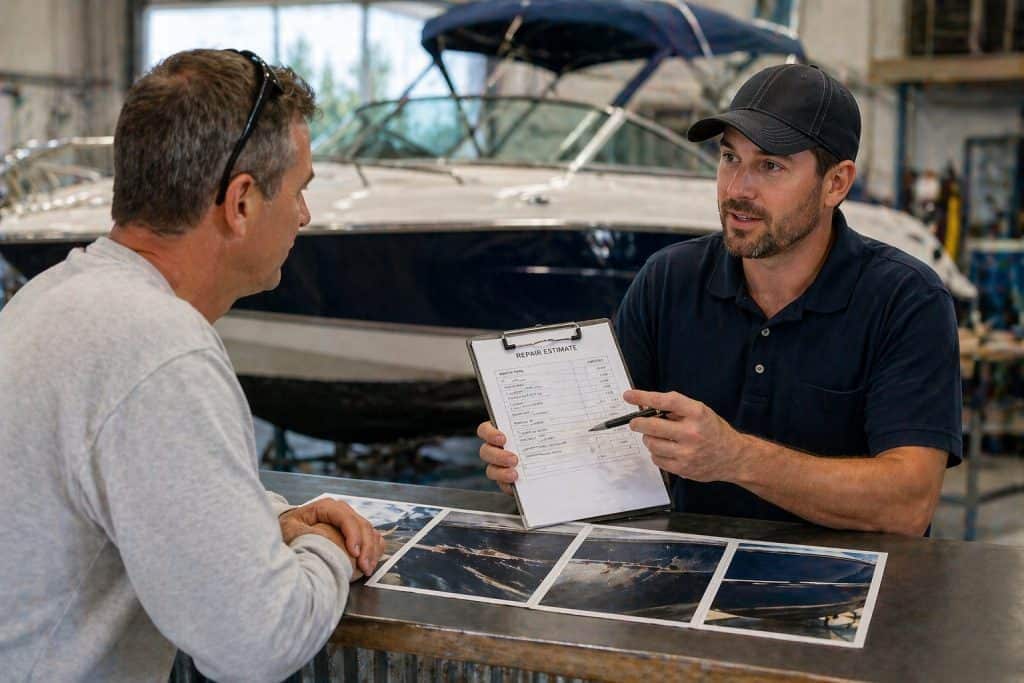 Expert discussing fiberglass and gel coat repair options with client.