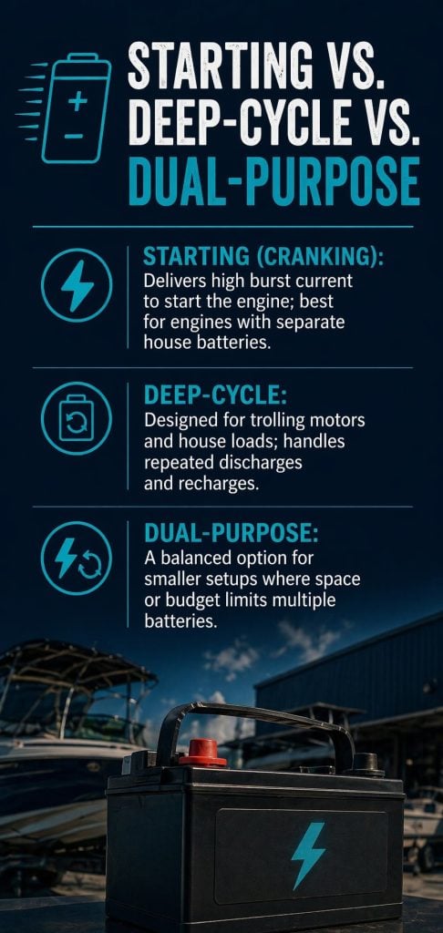 Comparison of starting, deep-cycle, and dual-purpose batteries for vehicles.