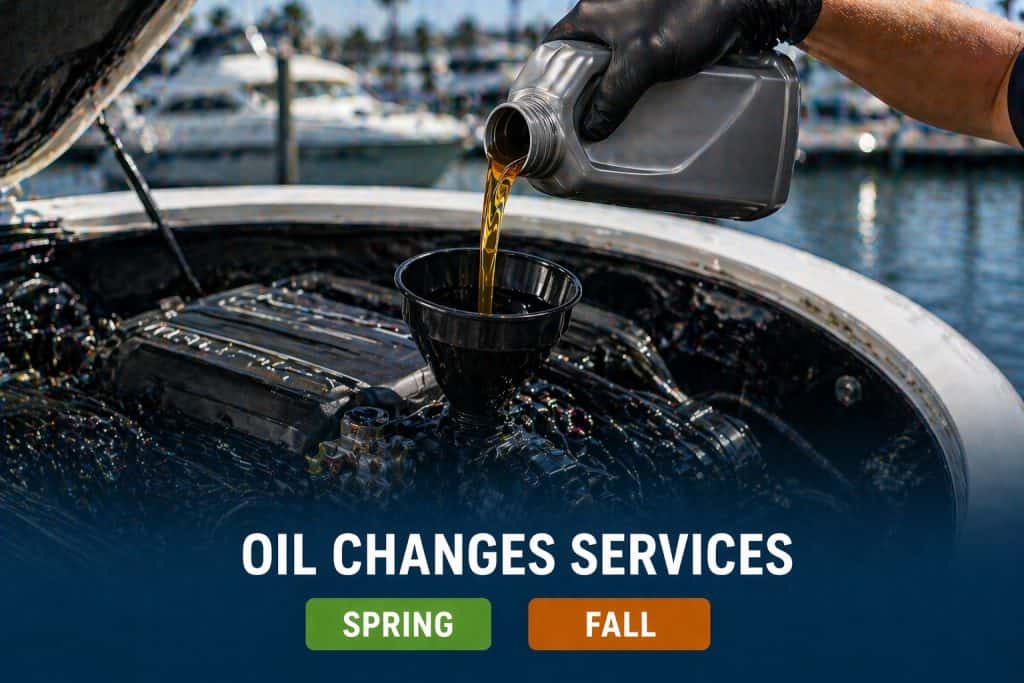 Marine oil change service with boat engine and oil pouring.