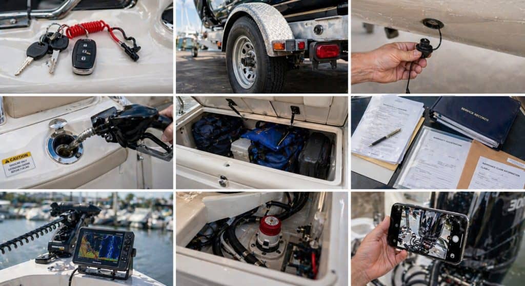 Keys, boat trailer, and engine components for service appointment.