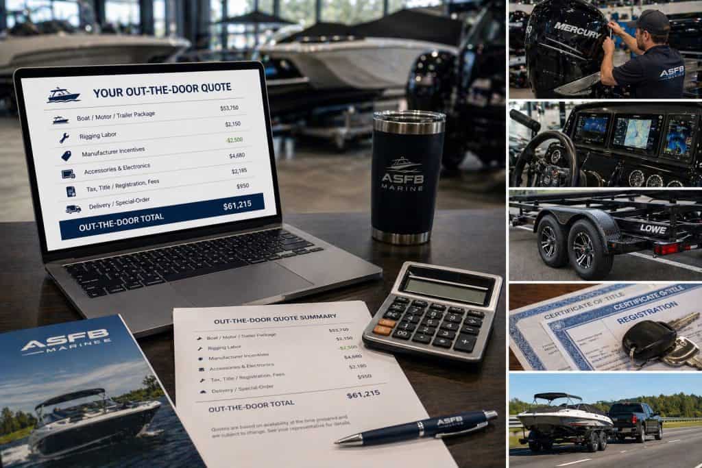 Marine quote request with laptop, boat, and equipment images.