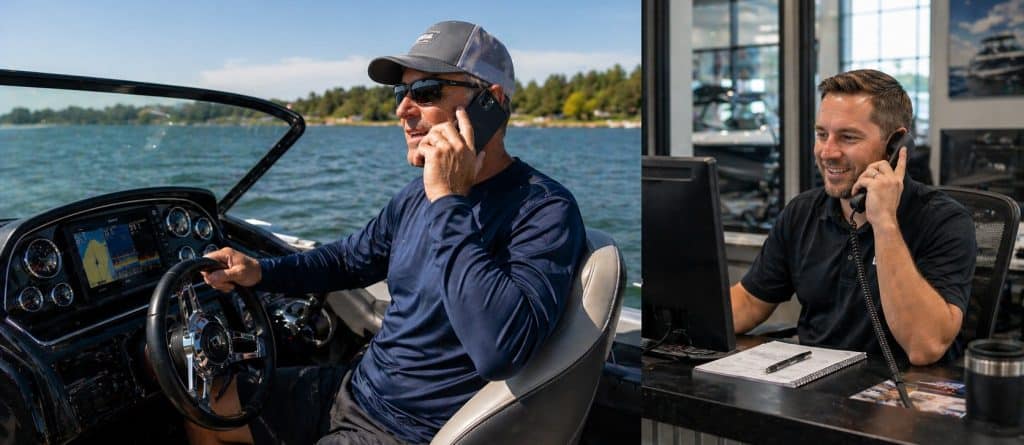 Boat captain speaking on phone while navigating on water, representing professional marine services.