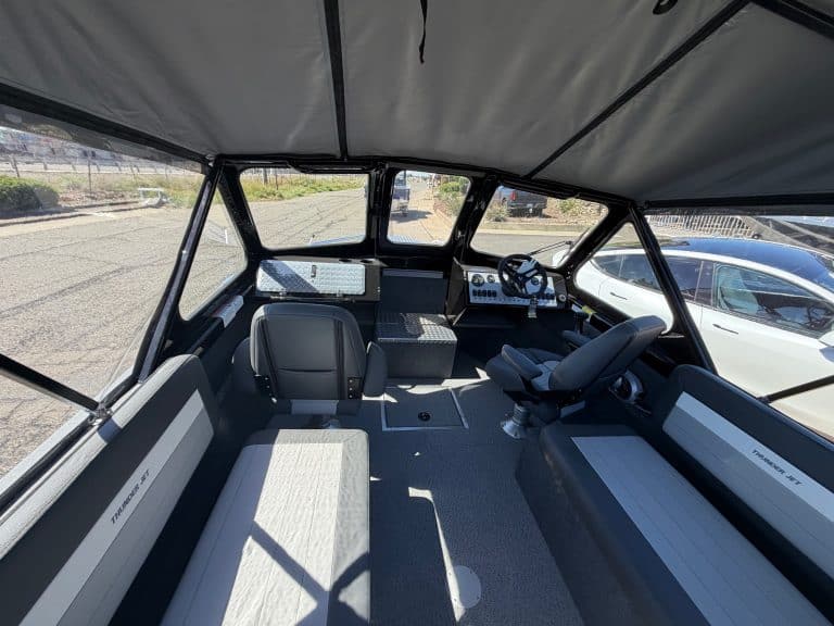 Interior view of the 2026 Thunder Jet Luxor 185 with Mercury 150HP engine.