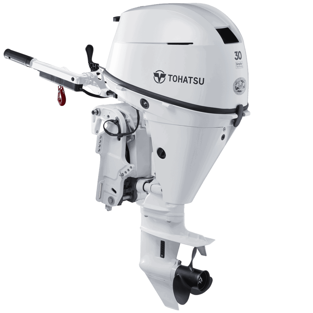 Tohatsu 30 HP outboard motor for boats, compact and powerful marine engine.