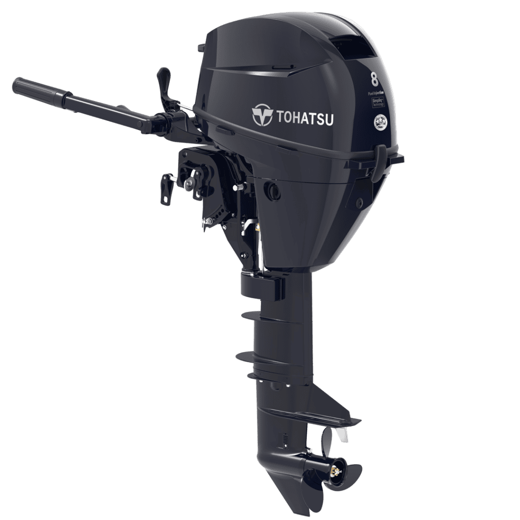 Tohatsu 8 HP MFS8CL outboard motor for boats, compact and powerful.