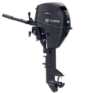 Tohatsu 8 HP MFS8CL outboard motor for boats, compact and powerful.