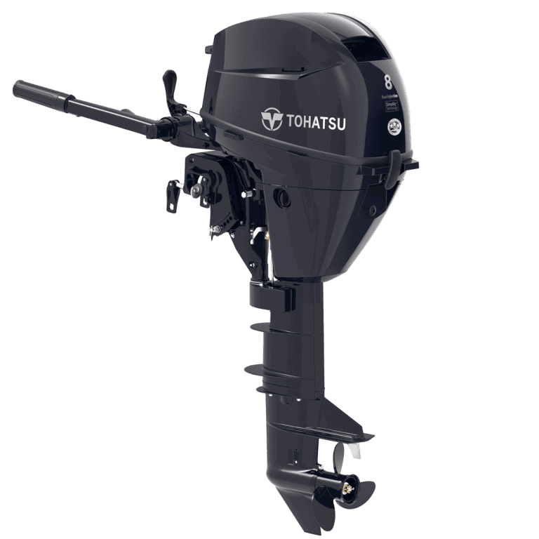 Tohatsu 8 HP MFS8CL outboard motor for boats, compact and powerful.