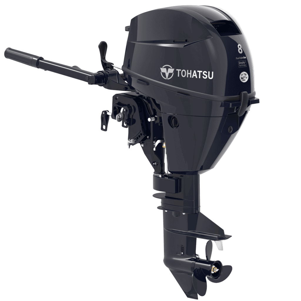 Tohatsu 8 HP MFS8CS outboard motor for boats, compact and powerful engine.