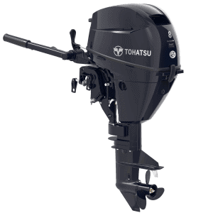Tohatsu 8 HP MFS8CS outboard motor for boats, compact and powerful engine.