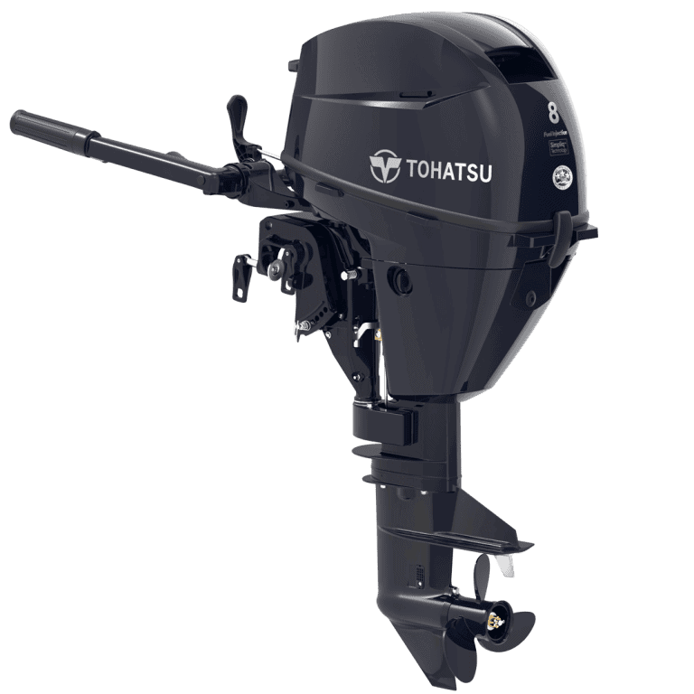 Tohatsu 8 HP MFS8CS outboard motor for boats, compact and powerful engine.
