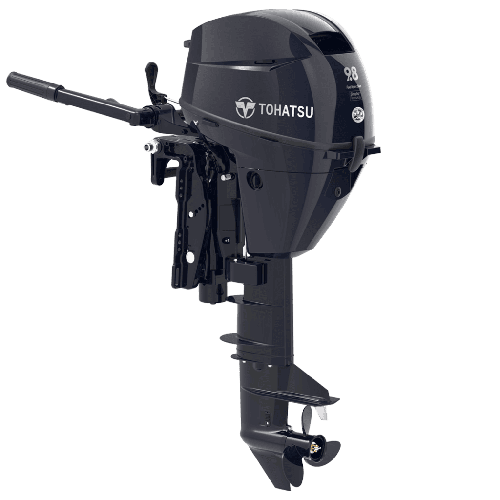Tohatsu 9.8 HP outboard motor for boats, compact and powerful marine engine.
