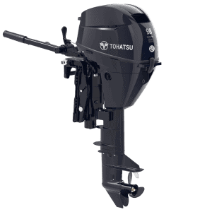 Tohatsu 9.8 HP outboard motor for boats, compact and powerful marine engine.