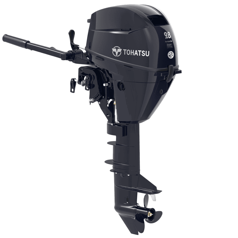 Outboard motor Tohatsu 9.8 HP MFS9.8CL for boats and marine use.