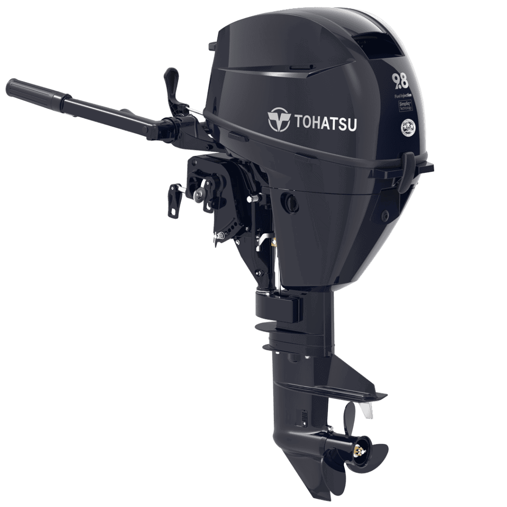 Outboard motor Tohatsu 9.8 HP MFS9.8CS for boats and marine use.