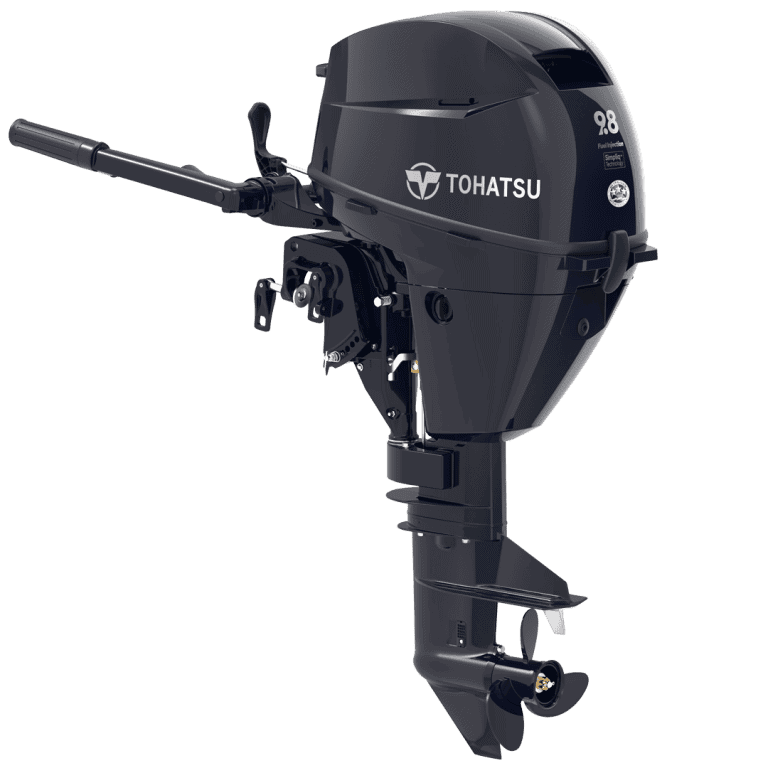 Outboard motor Tohatsu 9.8 HP MFS9.8CS for boats and marine use.
