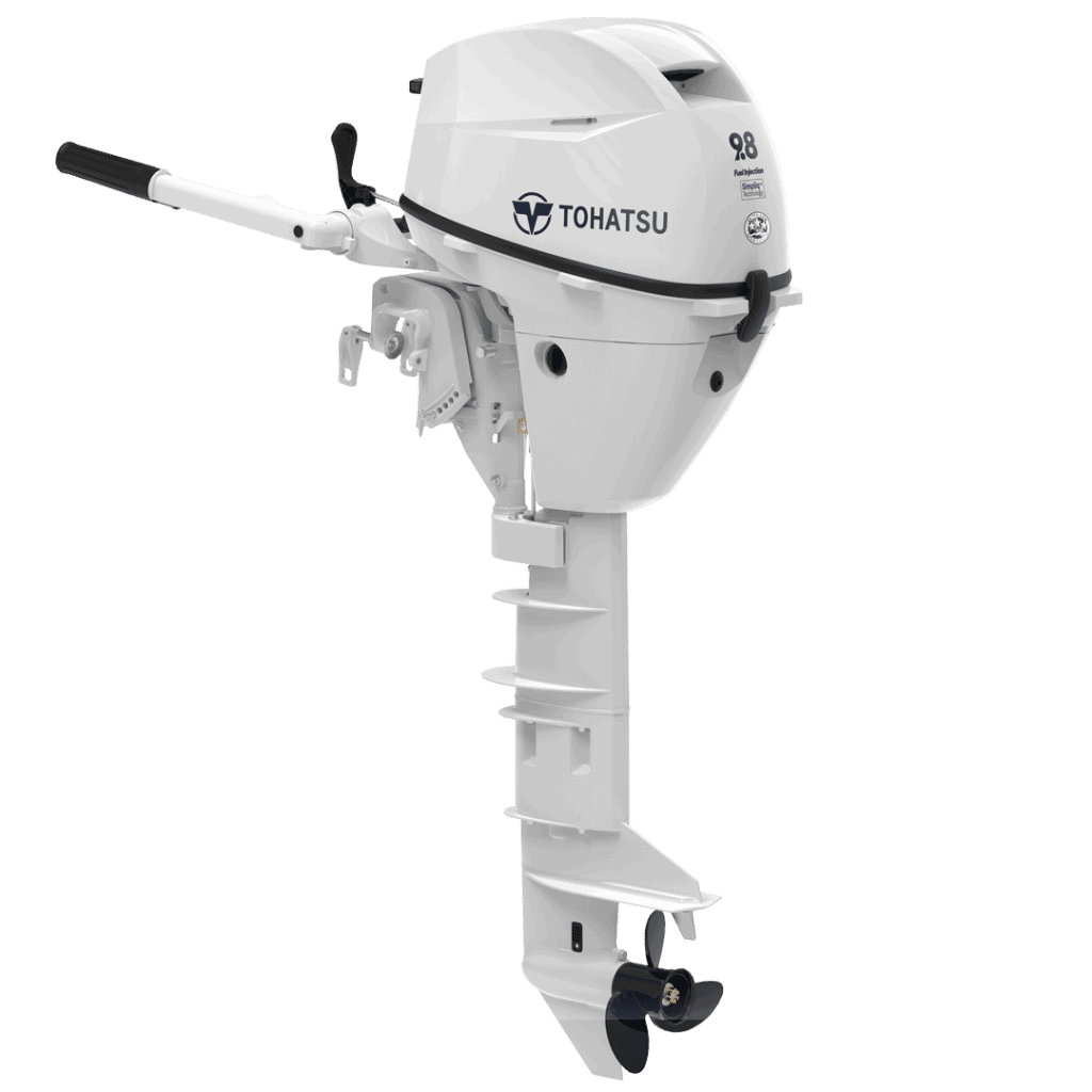 Tohatsu 9.8 HP outboard motor for boats, compact and powerful marine engine.