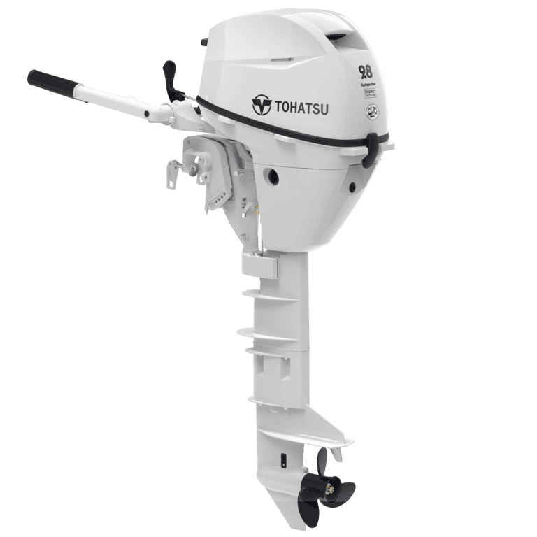 Tohatsu 9.8 HP outboard motor for boats, compact and powerful marine engine.