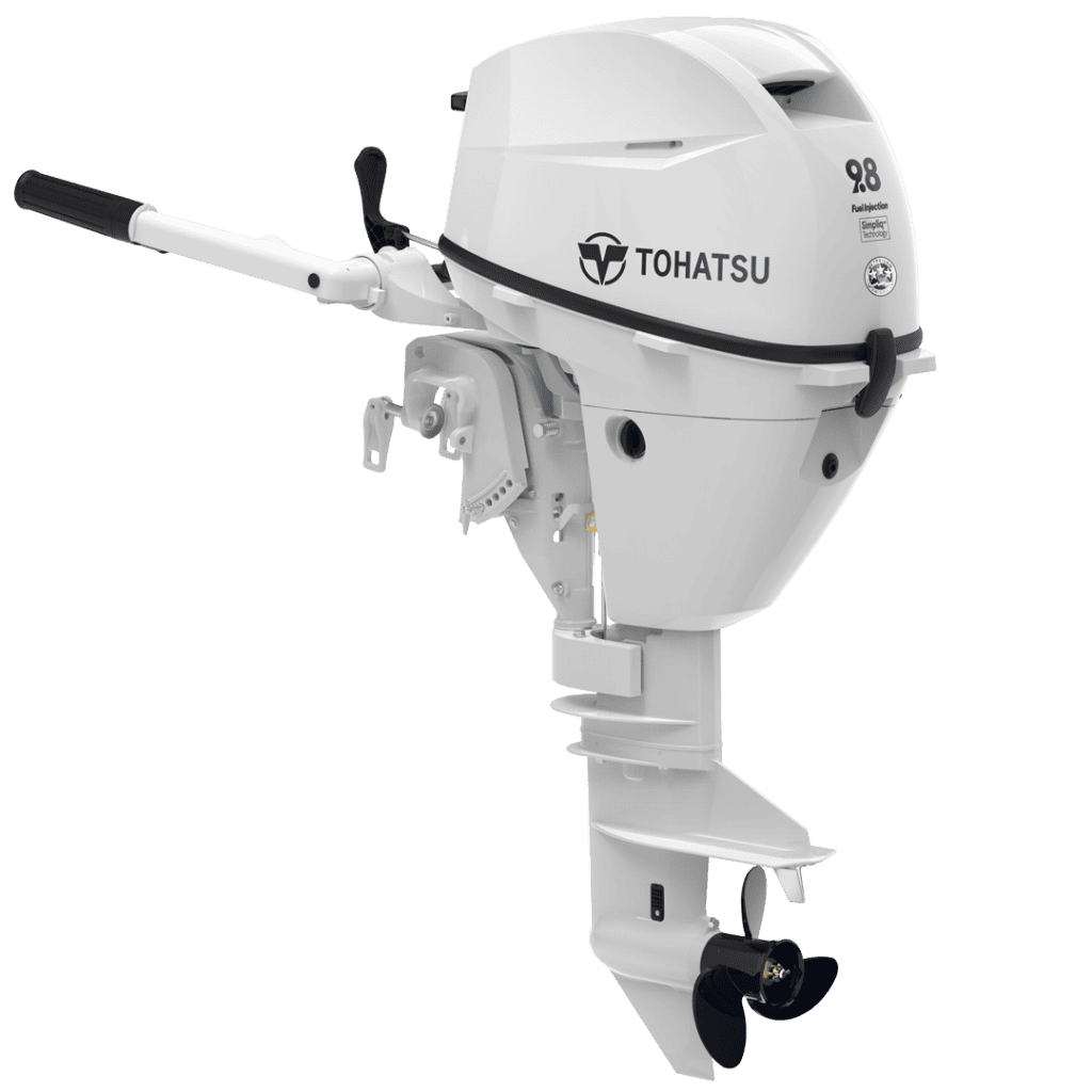 High-performance Tohatsu 9.8 HP outboard engine for boats.