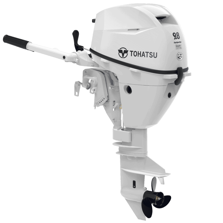 High-performance Tohatsu 9.8 HP outboard engine for boats.
