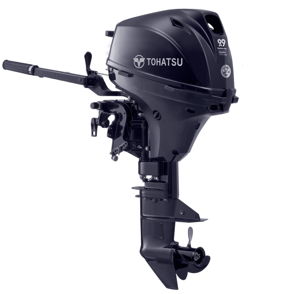 Tohatsu 9.9 HP outboard motor for boats, compact and powerful marine engine.