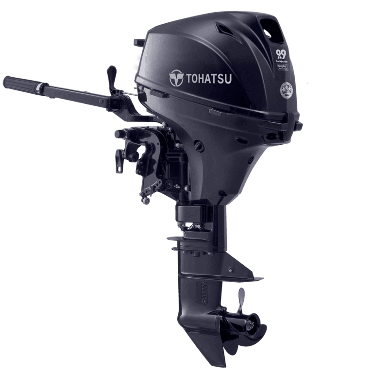 Tohatsu 9.9 HP outboard motor for boats, compact and powerful marine engine.