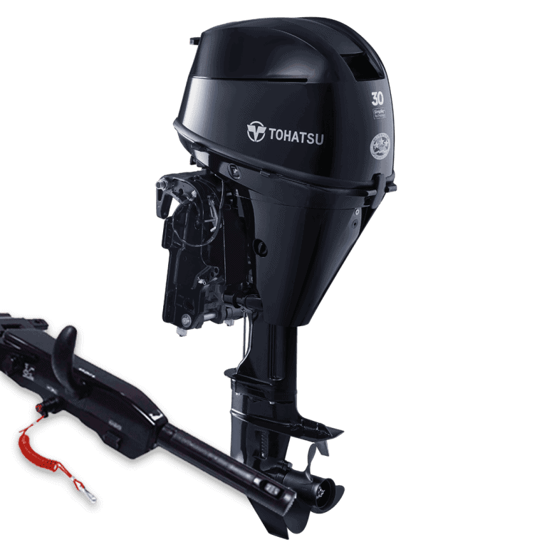 Outboard motor Tohatsu MFS30DETS for boats, compact and powerful marine engine.