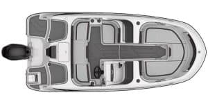 Boat interior with seating and steering console for Bayliner M17 model.