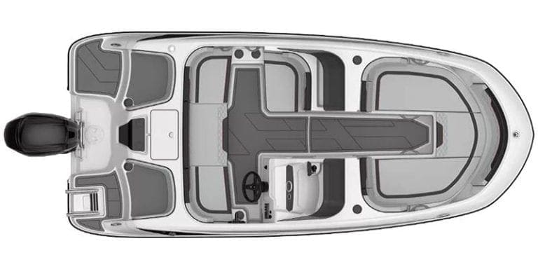Boat interior with seating and steering console for Bayliner M17 model.