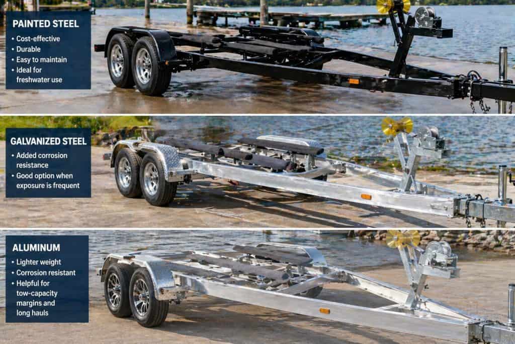 Durable boat trailers in painted steel, galvanized steel, and aluminum options for secure watercraft.