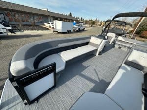 Modern boat lounge with comfortable seating and sun protection for Opti Marine customers.