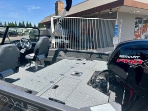 Fishing boat equipped with Mercury Pro outboard motor, ideal for freshwater and saltwater fishing ad.