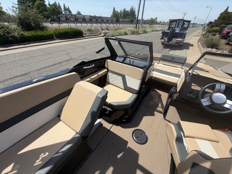 Premium 2026 HeyDay H 22 Surf Boat interior with comfortable seating and modern controls.
