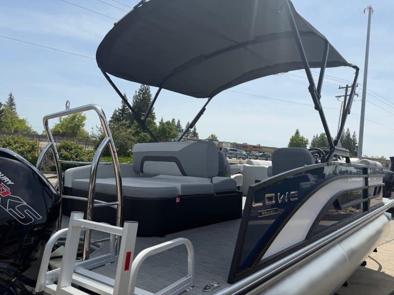 Pontoon boat with canopy and seating for leisure activities.