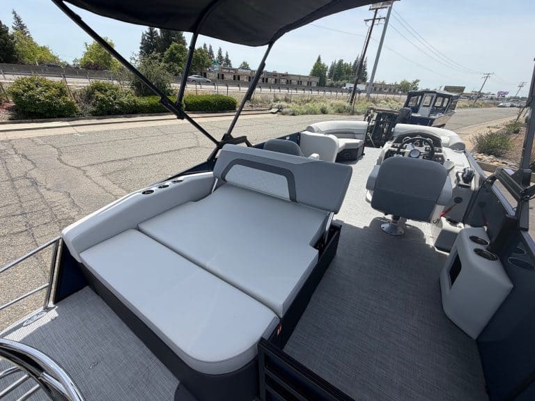 Relaxing boat lounge with comfortable seating for leisure and socializing on the water.