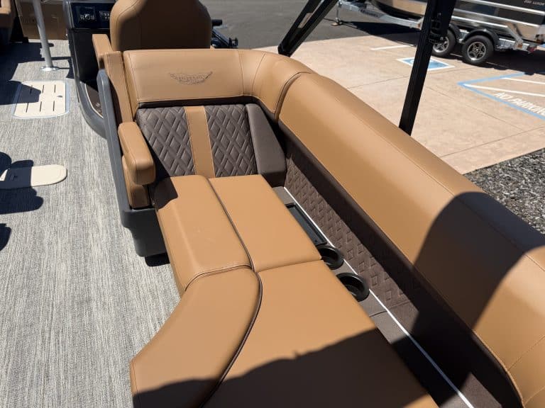 Luxury boat seat with tan upholstery and diamond stitching for Bennington M 23.