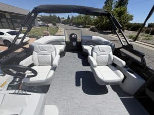 Luxury boat interior featuring spacious, cushioned seats and sleek design for optimal comfort and st.