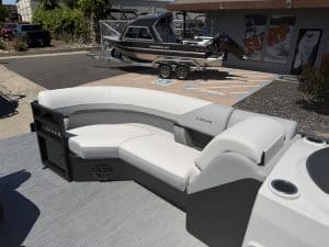 Boat lounge seating with plush cushions for comfort on the water.