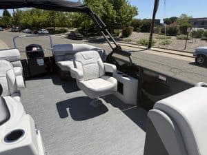 Pontoon boat interior with comfortable seating and modern design for leisure boating. Perfect for fa.