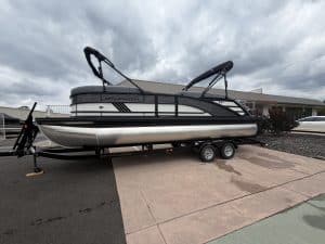 Bennington pontoon boat on trailer, ideal for leisure and water activities.