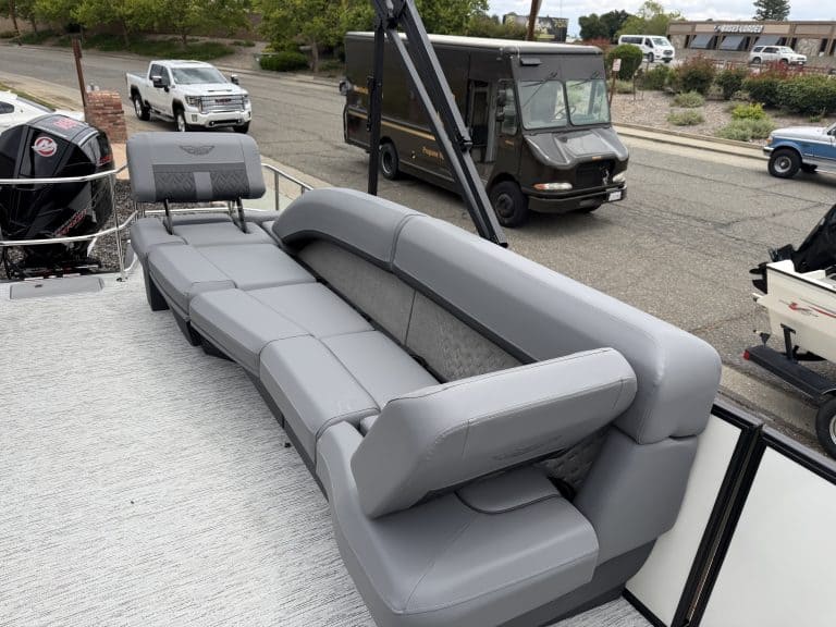 Boat seating with gray upholstery, designed for comfort and durability on the water. Perfect for enh.