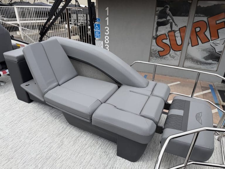 Boat seating with comfortable cushions and safety rails for watercraft.