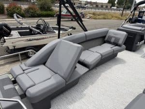 Luxury pontoon boat seating with gray upholstery for comfort and style.