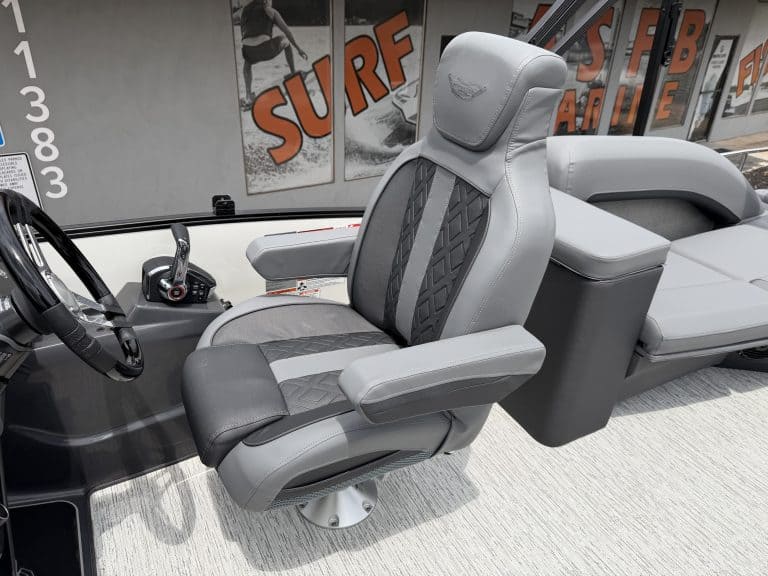 Boat captain seat with ergonomic design and premium upholstery for comfort.