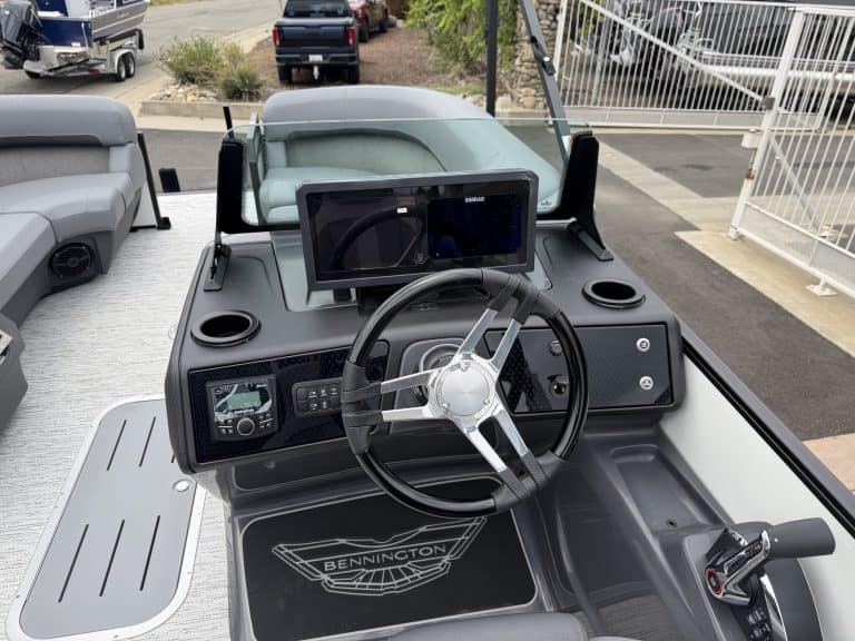 High-resolution image of a boat's dashboard featuring advanced navigation and control systems for op.