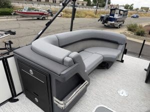 Comfortable pontoon boat lounge seating with durable cushions for Opti Marine.