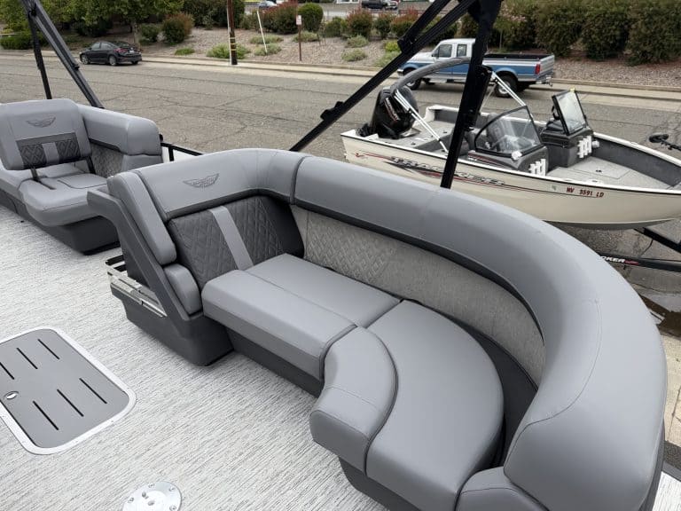 Comfortable gray marine seating with modern design for Opti boats.