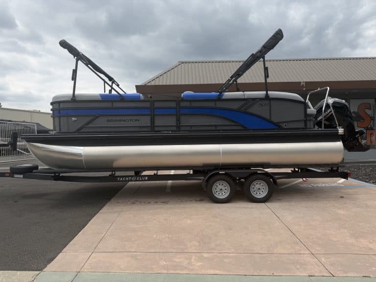Pontoon boat with dual fishing and leisure setups, ideal for water adventures. Perfect for family ou.