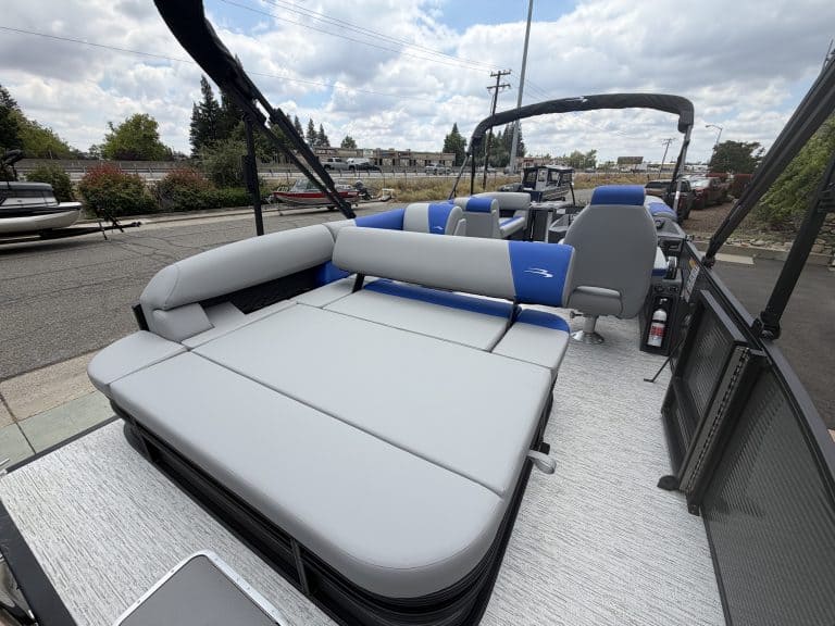 Pontoon boat with spacious seating, ideal for leisure, fishing, and water sports. Perfect for family.